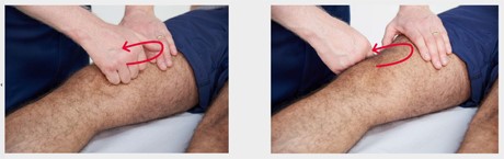 两张医生检查某人膝关节的图像。