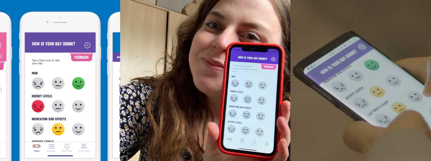 年代creenshots of the Arthritis Tracker, Sam's selfie and using the app to record symptoms.